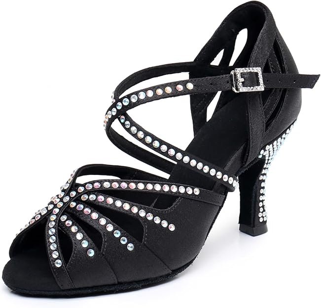 Ballroom Dance Shoes for Women – Salsa Latin Dancing Shoes, Professional 3 Inch Ladies Satin Rhinestone Dance Heels, 3＂Mid Heel Suede Sole