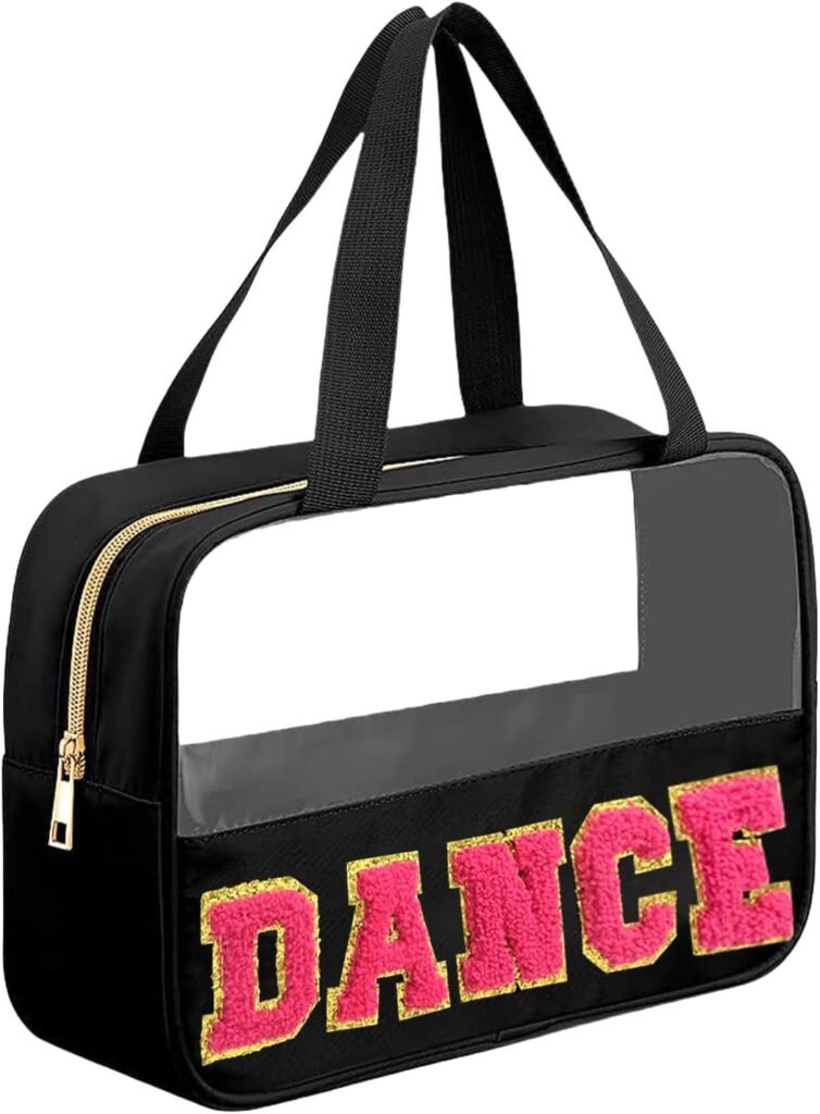 Chenille Letter Bags for Dance Recital Gifts Clear Ballet Dance Makeup Bag with Handle and Zipper Waterproof Nylon Portable Toiletry Bag, Dance Competition Must Haves