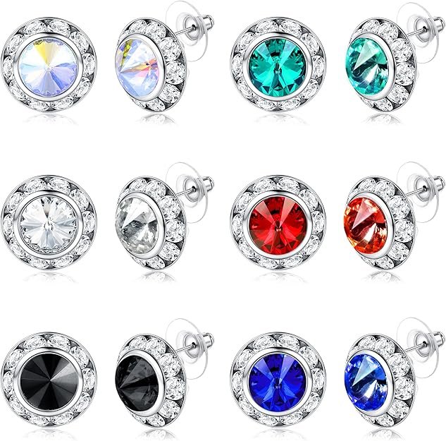 BESTEEL 6/12 Pairs Hypoallergenic Dance Competition Earrings for Women Acrylic Halo Crystal Rhinestone Stud Earrings Set Multicolor Stage Opera Performance Party 15mm Christmas Stocking Stuffers Gift